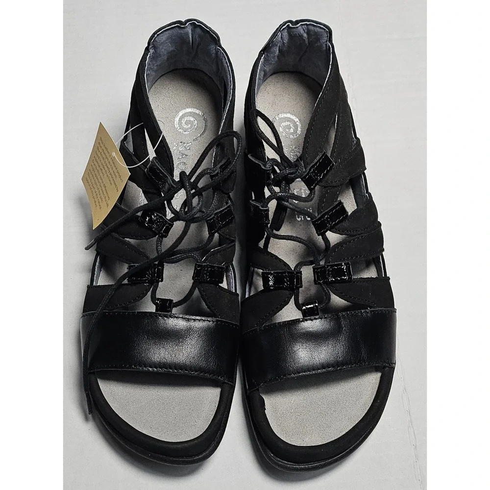 NAOT SELO Black Leather Lace Up Gladiator Wedge‎ Sandals Women's 36 EU 6 US NIB